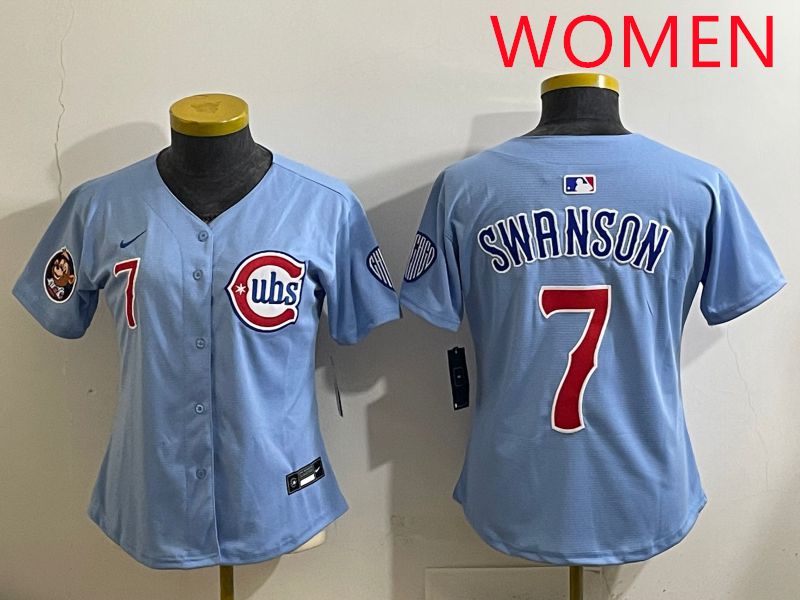 Women 2025 Chicago Cubs 7 Swanson Light Blue Game Nike MLB Jersey style 3